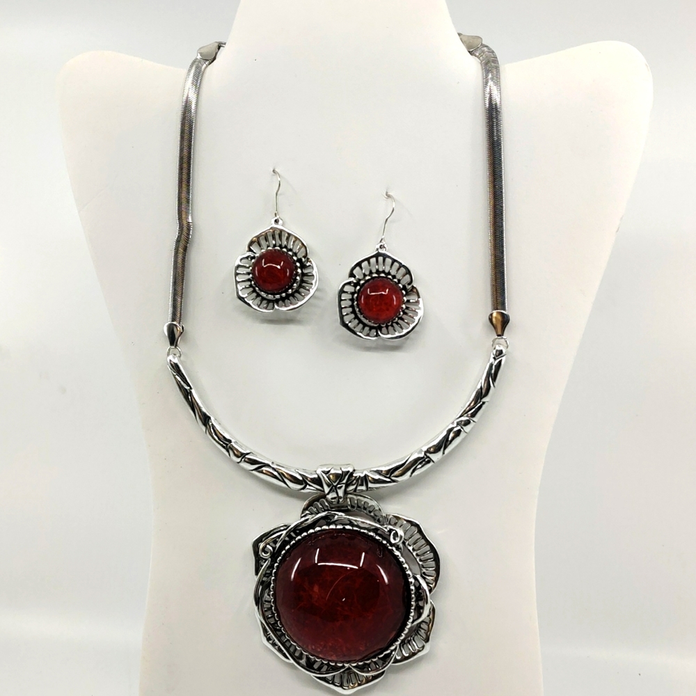 Faux Silver Amber Red Pierced Earrings and Necklace Set